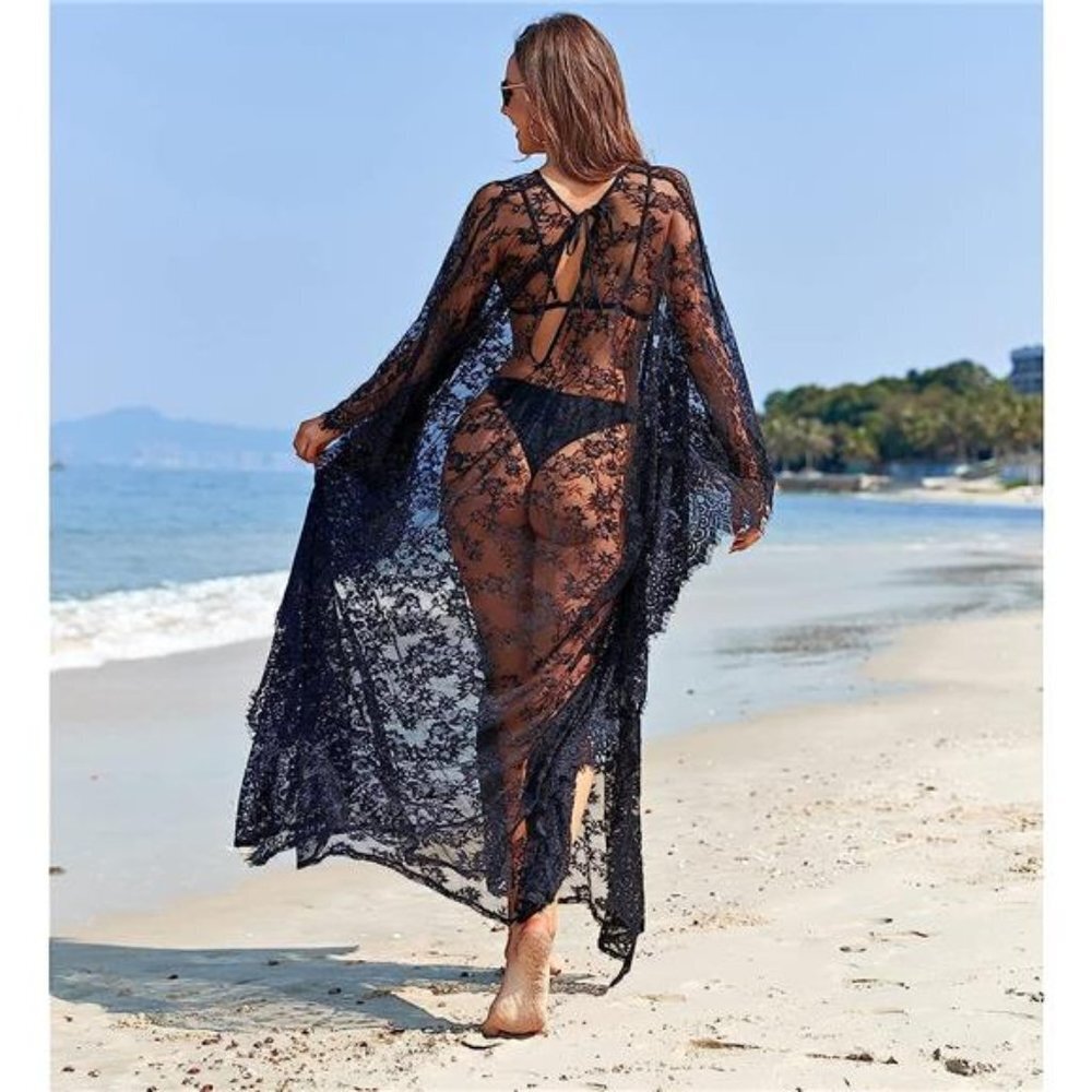 Boho‎ Black Lace Bikini Beach Cover Up Kimono Plus Size Bathing Swim Suit Caftan - Picture 4 of 6